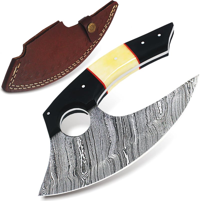 SHARDBLADE Alaskan Ulu Knife with Sheath, Handmade 6.5" Damascus Steel Pizza Cutter Rocker Knife with Natural Bone and Horn, Premium Food Salad Chopper Knife, Traditional Inuit Eskimo Knife - Image 1